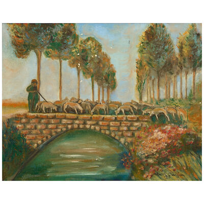 Albert Davignon Shepherd Crossing Fieldstone Bridge canvas 11 x 14 in. framed 13 3/4 x 16 3/4 (Painted in 1929.)