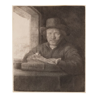 Rembrandt Harmensz van Rijn (1606-1669); Self-Portrait Etching at a Window