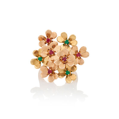VAN CLEEF & ARPELS: AN 18K BICOLOR GOLD, RUBY, AND EMERALD 'FRIVOLE' RING, FRANCE