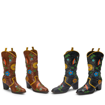 A Pair Of Unsigned Floral Print Leather Cowboy Boots, Circa 1960's