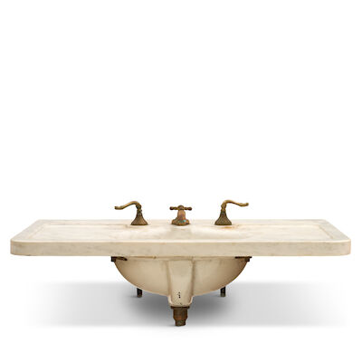 The Meyer-Sniffin Co. Marble Sink New York, New York, circa 1910, marble, porcelain basin, brass fixtures, with two brass front legs, stamped mark to underside of basin 'THE MEYERS SNIFFIN CO. ALPHA,' wd. 45, dp. 27 1/2, ht. of legs, 29 1/2 in.