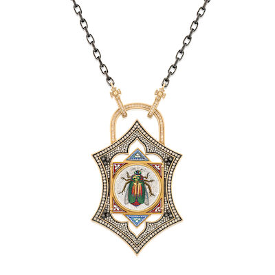 A 14K GOLD, SILVER, MICROMOSAIC, AND DIAMOND PENDANT NECKLACE