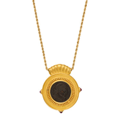 GOLD, RUBY AND FRAMED COIN PENDANT NECKLACE