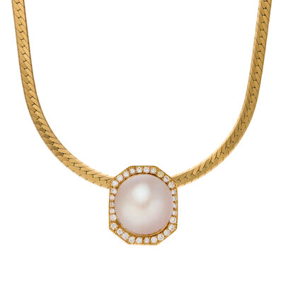 GOLD, MABE CULTURED PEARL AND DIAMOND PENDANT NECKLACE