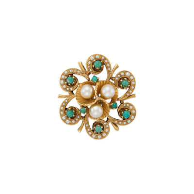 A GOLD, CULTURED PEARL AND TURQUOISE BROOCH