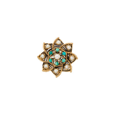 13K GOLD, CULTURED PEARL AND TURQUOISE BROOCH