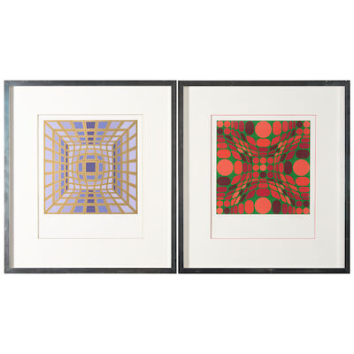 Victor Vasarely, two plates from Helios Suite, 1981, screenprints in colors