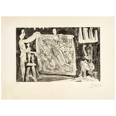 Pablo Picasso (1881-1973); Dans l'atelier: Deux modèles avec une grande toile et des sculptures (In the Studio: Two Models with a Large Canvas and Sculptures)