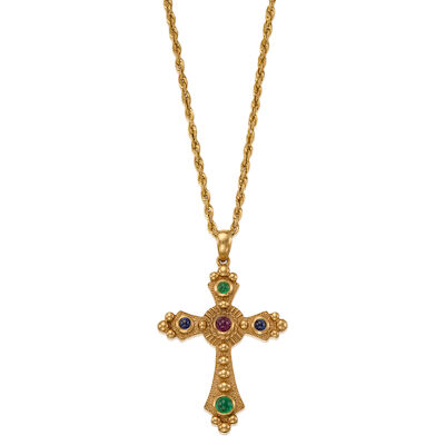 14K GOLD AND GEMSTONE CROSS PENDANT NECKLACE