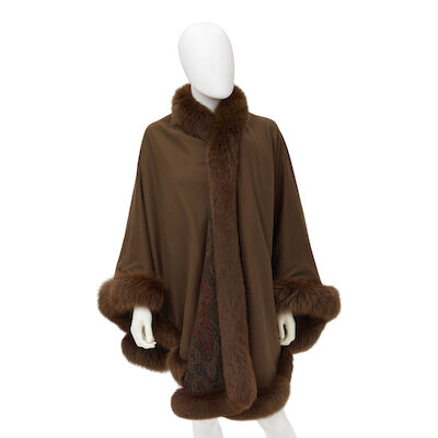 UNSIGNED: OLIVE WOOL FUR TRIM CAPE
