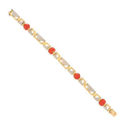 GEORGES L'ENFANT: AN 18K GOLD, PLATINUM, AND CORAL BRACELET, FRANCE, CIRCA 1930s