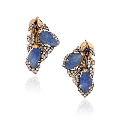 BUCCELLATI: A PAIR OF CARVED SAPPHIRE AND DIAMOND EARCLIPS, ITALY