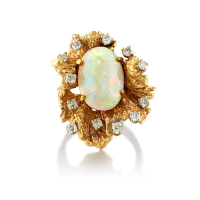 A 14K GOLD, OPAL AND DIAMOND RING