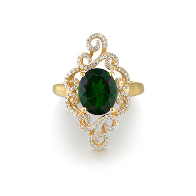 14K GOLD, DIOPSIDE AND DIAMOND RING