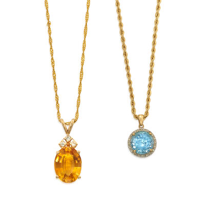 GOLD, CITRINE, TOPAZ AND DIAMOND PENDANT NECKLACES