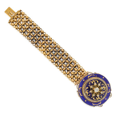 AN ANTIQUE GOLD, ENAMEL, AND DIAMOND BRACELET