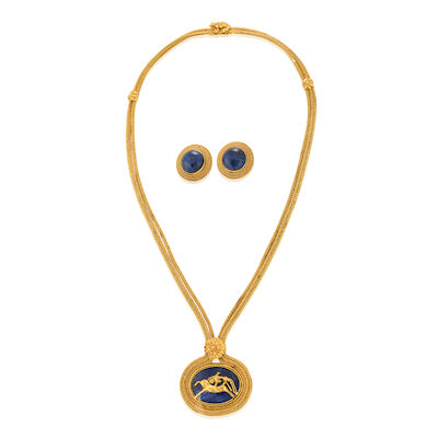 ILIAS LALAOUNIS: AN 18K GOLD AND SODALITE NECKLACE AND PAIR OF EARCILPS, GREECE