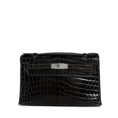 HERMÈS: GRAPHITE CROCODILE DIAMOND KELLY POCHETTE 2006