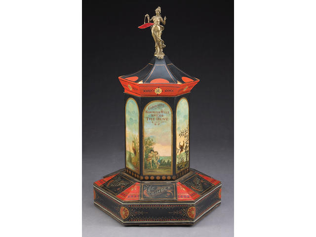 An American painted tole pagoda form spice cabinet