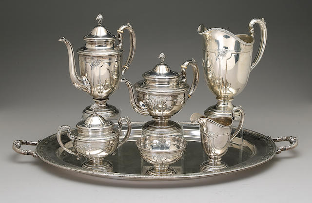 Bonhams : Sterling Louis XIV Tea & Coffee Set with Tray and Water