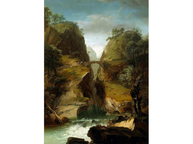 Attributed to Johann-Heinrich W&#252;st (Swiss 1741-1821) A gorge in a rocky landscape with a waterfall 30 1/2 x 22 1/2in