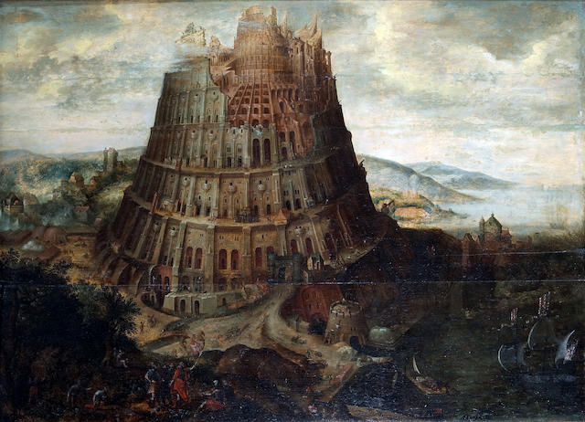 Follower of Martin van Valkenborch (Flemish 1533-1604) The Tower of Babel 33 x 45 3/4in (83.8 x 116.2cm)