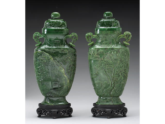 A pair of fine spinach jade covered vases