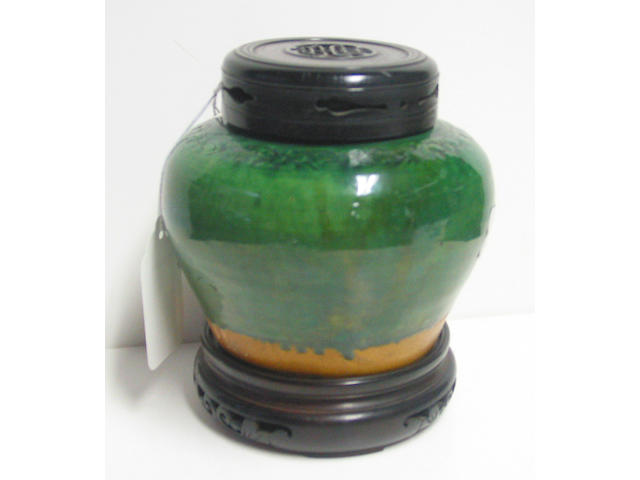 A leaf green glazed pottery ginger jar,