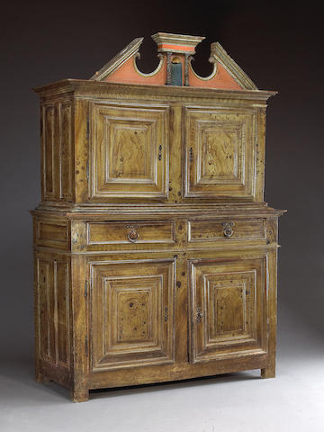 A fine Louis XIV parcel gilt, polychrome and faux bois cabinet a deux corps