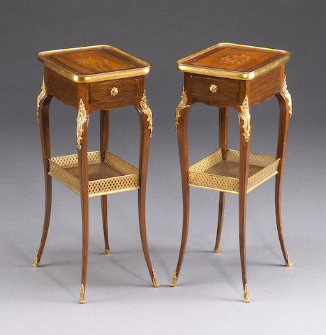 A pair of Louis XV style gilt bronze mounted tables ambulante