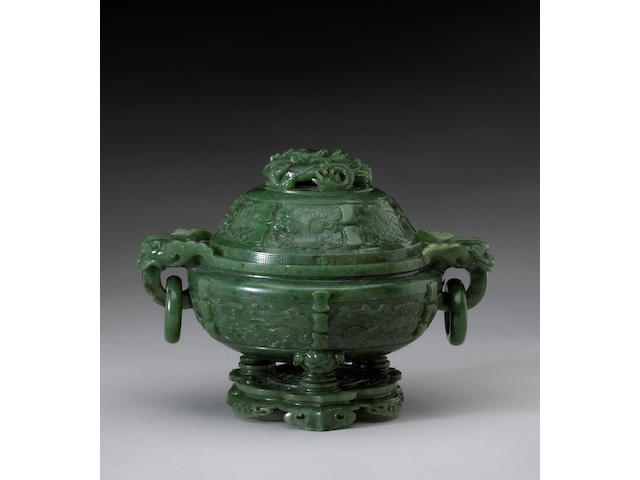 A fine spinach jade covered tripod censer on stand 19th Century