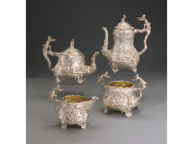 Victorian Silver Four Piece Tea and Coffee Set "After Teniers" by Joseph Angell