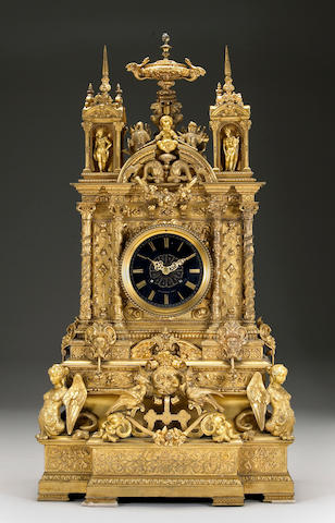 A French Renaissance Revival gilt bronze architectural mantel clock