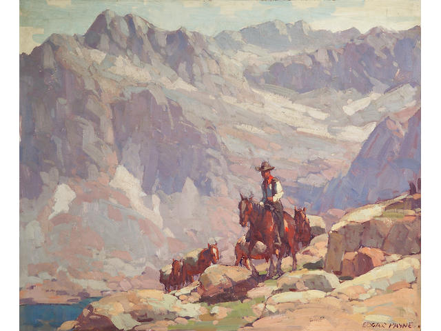 Edgar Payne (1883-1947) A Lone Rider Leading Pack Horses by a Sierra Lake 28 x 34in