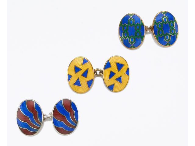Three pairs of enamel, silver and gilt silver cufflinks, Deakin & Francis