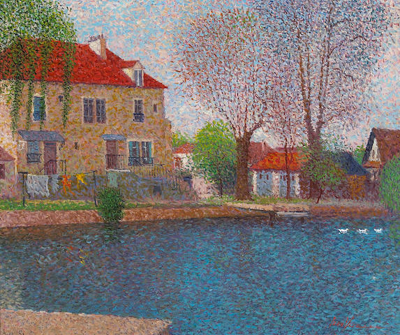 Jean Vollet (French, 20th Century) French Houses by a Pond 18 x 22in (46 x 56cm)