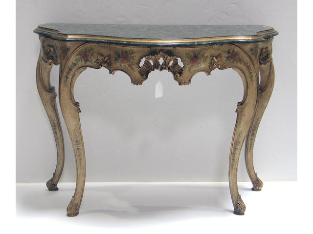 A pair of Venetian Rococo style polychrome decorated giltwood console tables