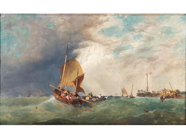 Attributed to James M. Meadows (British 1798-1864) Fishing off the coast in rough waters 30&#189; x 50&#188;in