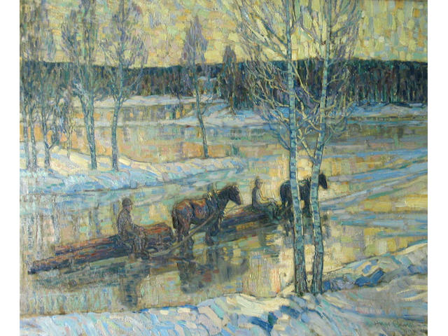 Hugo Carlberg (Swedish 1880-1943) Dragging logs on a frozen river 29 3/4 x 35 1/2in