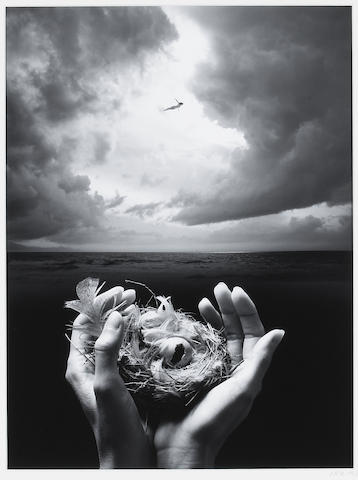 Jerry Uelsmann; Untitled (Hands holding bird nest);