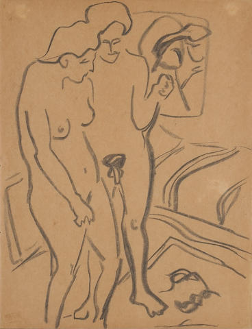 Ernst Ludwig Kirchner (German, 1880-1938) Selbstportr&#228;t mit Model, c. 1906 17 1/2 x 13 1/2in (44 x 34cm)