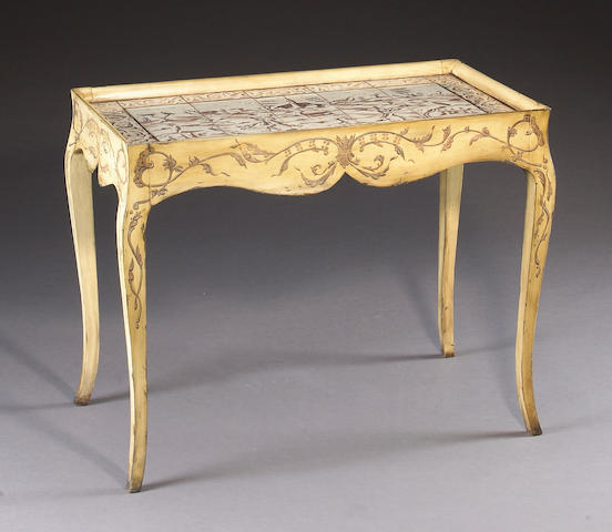 A Continental Rococo style paint decorated tile mounted center table