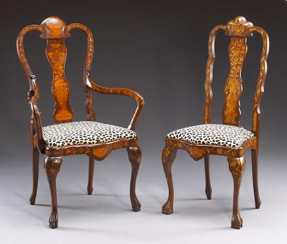 An assembled set of four Dutch Rococo style marquetry chairs