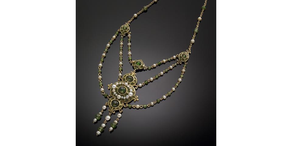 An arts & crafts cultured pearl, demantoid, enamel and fourteen karat gold necklace, Marcus & Co.