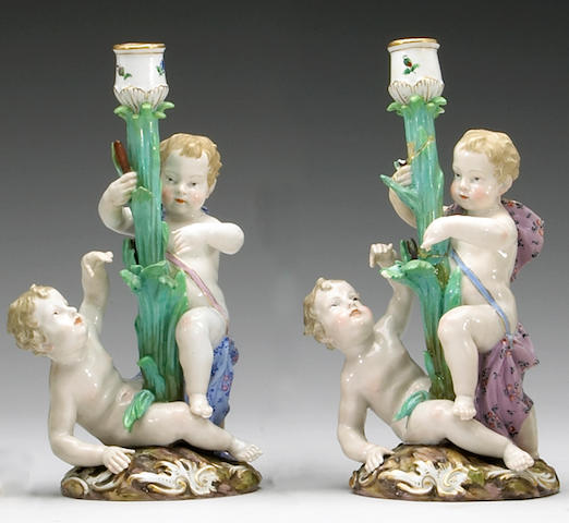 Two Meissen porcelain figural candlesticks