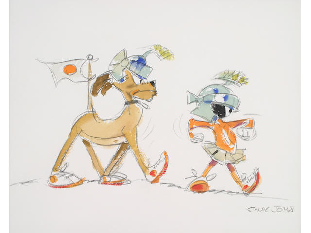 A Chuck Jones watercolor of Marvin the Martian and K-9