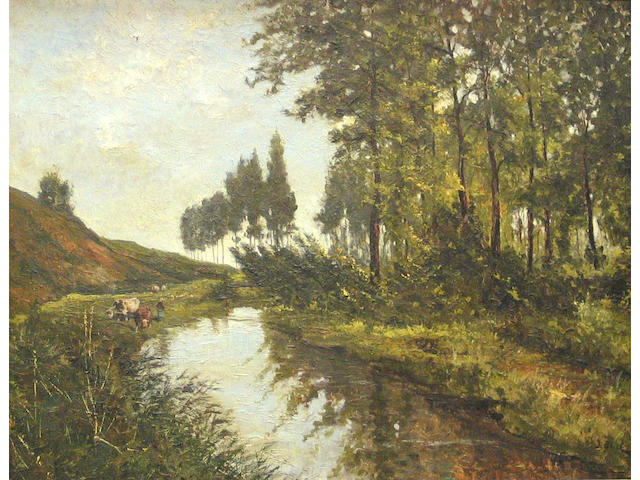 J. De Haen (Dutch 20th century) A river landscape with cattle watering 38 3/4 x 50in