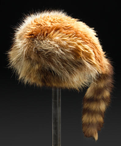 Jimmy Durante's raccoon hat together with an autograph note signed in plexiglass case