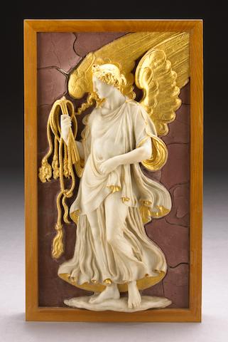 A carved white marble and parcel gilt relief panel of an angel with scourge on a faux rosso antico ground
