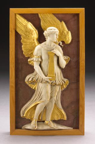 A carved white marble and parcel gilt relief panel of an angel with column on a faux rosso antico ground